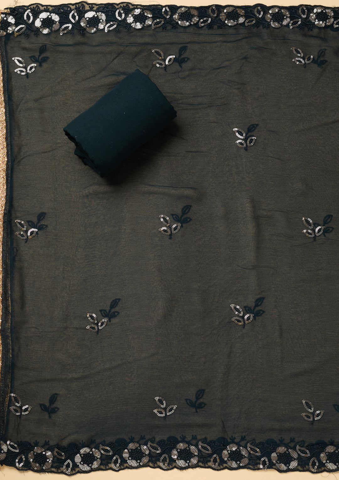 Peacock Blue Crepe Floral Cutdana Unstitched Dress Material With Matching Bottom And Dupatta
