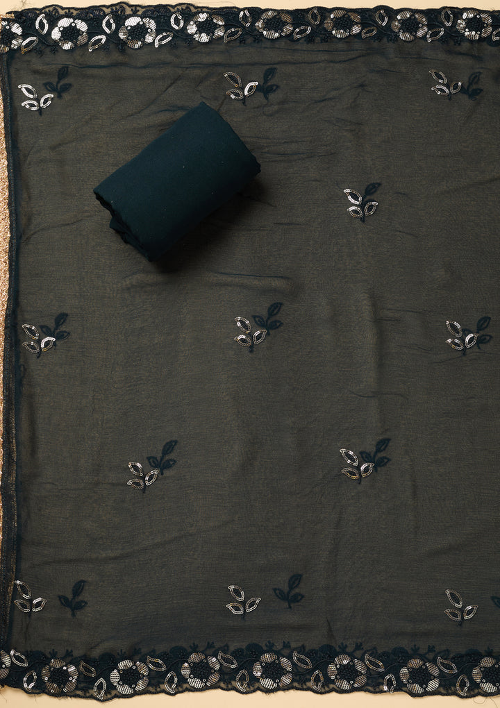 Peacock Blue Crepe Floral Cutdana Unstitched Dress Material With Matching Bottom And Dupatta