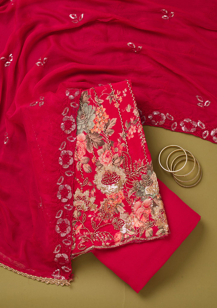 Rani Pink Crepe Floral Cutdana Unstitched Dress Material With Matching Bottom And Dupatta