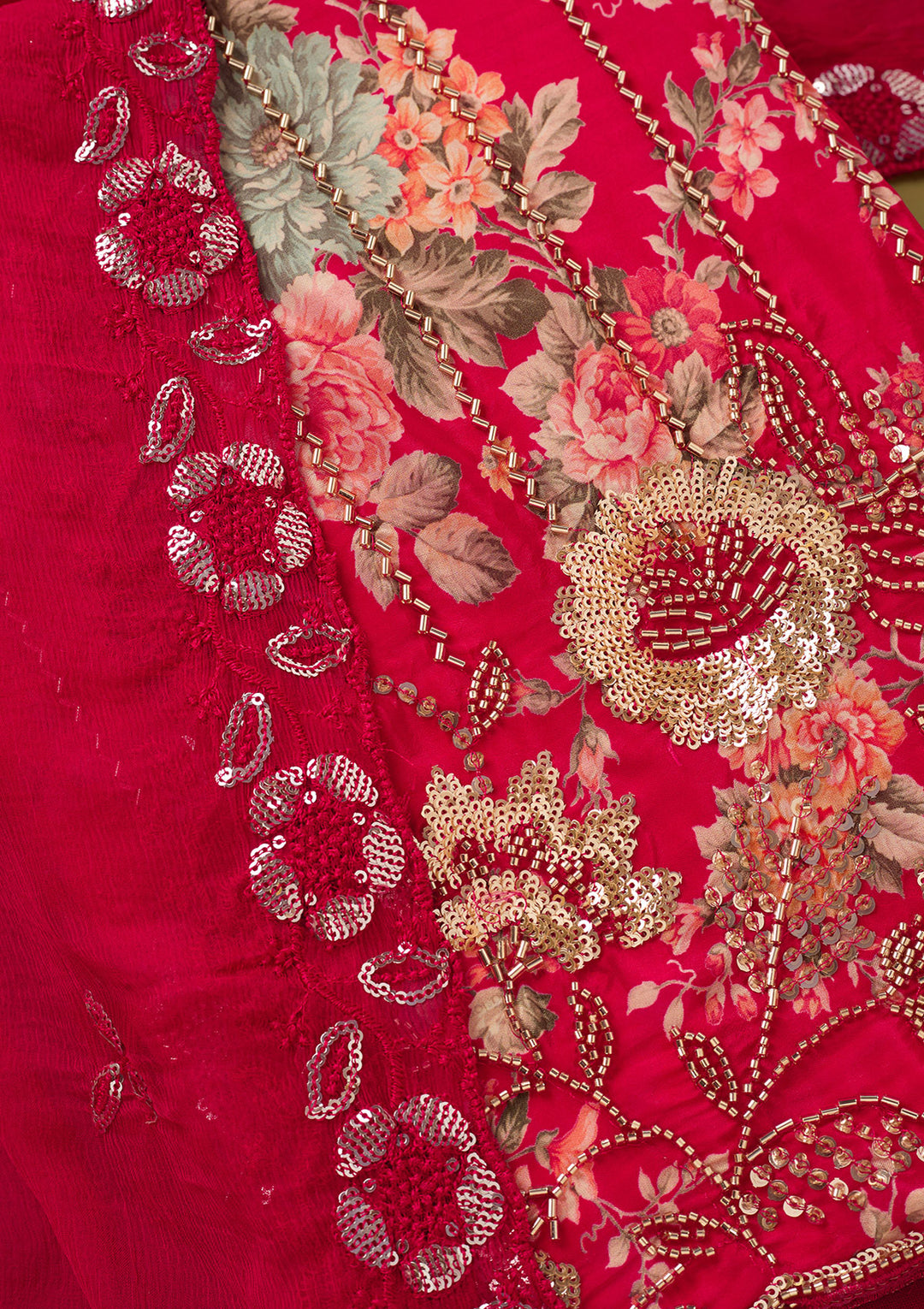 Rani Pink Crepe Floral Cutdana Unstitched Dress Material With Matching Bottom And Dupatta