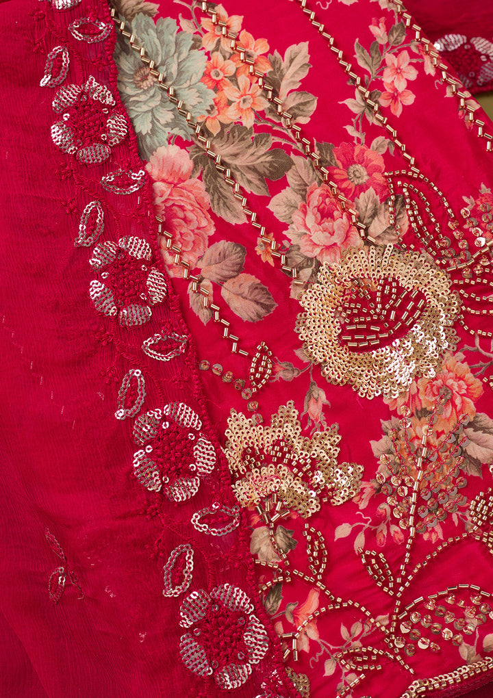 Rani Pink Crepe Floral Cutdana Unstitched Dress Material With Matching Bottom And Dupatta