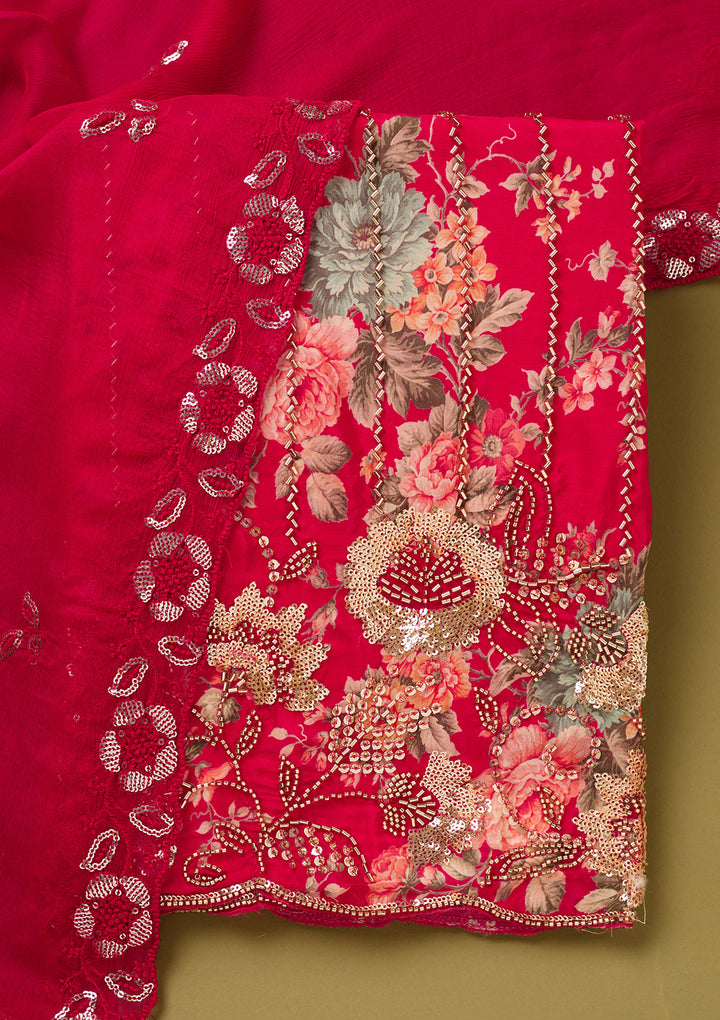 Rani Pink Crepe Floral Cutdana Unstitched Dress Material With Matching Bottom And Dupatta