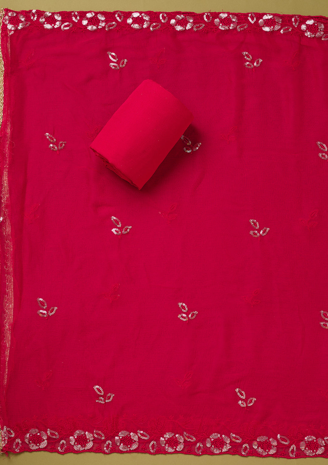 Rani Pink Crepe Floral Cutdana Unstitched Dress Material With Matching Bottom And Dupatta
