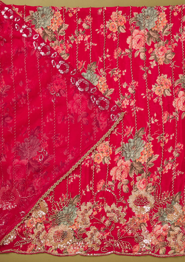 Rani Pink Crepe Floral Cutdana Unstitched Dress Material With Matching Bottom And Dupatta
