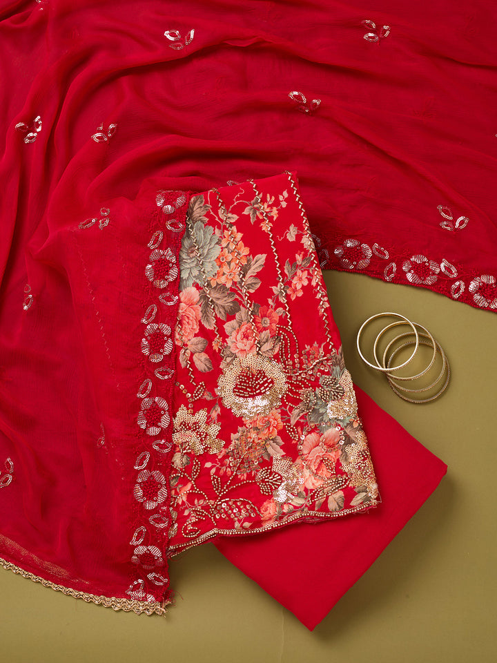 Red Crepe Floral Cutdana Unstitched Dress Material With Matching Bottom And Dupatta