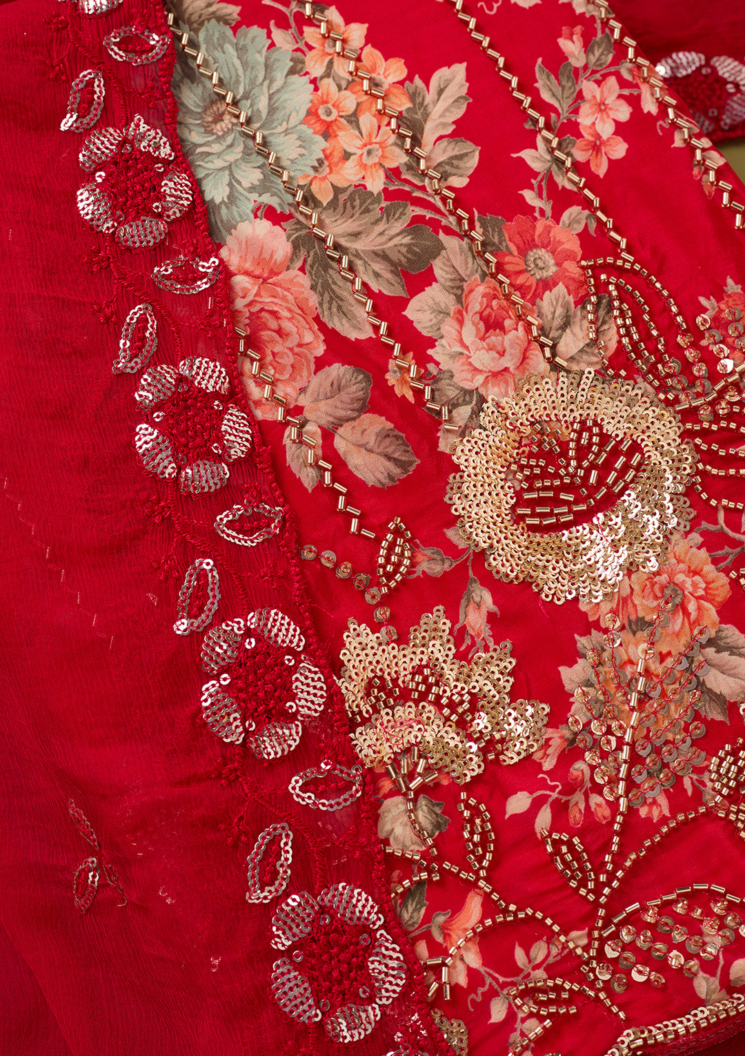 Red Crepe Floral Cutdana Unstitched Dress Material With Matching Bottom And Dupatta