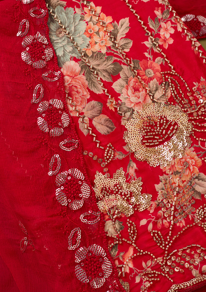 Red Crepe Floral Cutdana Unstitched Dress Material With Matching Bottom And Dupatta