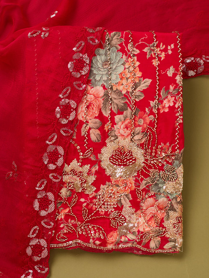 Red Crepe Floral Cutdana Unstitched Dress Material With Matching Bottom And Dupatta