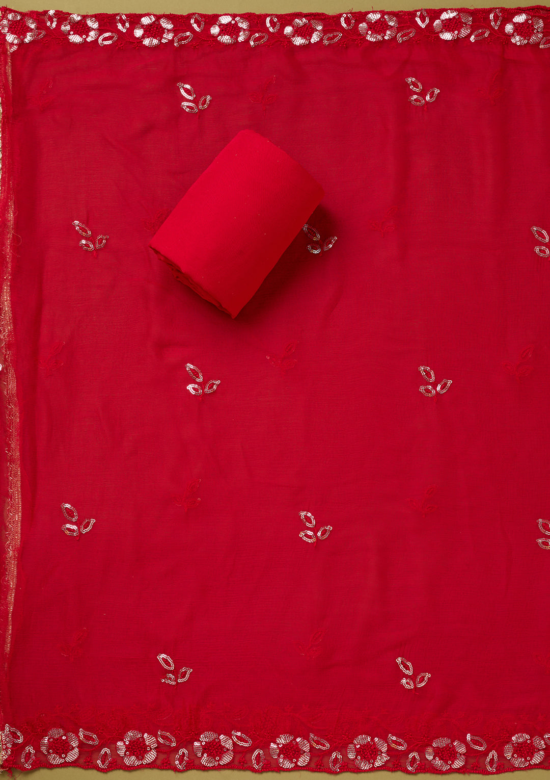 Red Crepe Floral Cutdana Unstitched Dress Material With Matching Bottom And Dupatta
