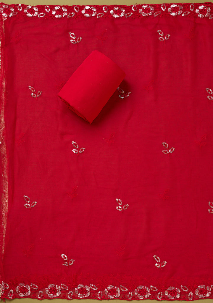 Red Crepe Floral Cutdana Unstitched Dress Material With Matching Bottom And Dupatta
