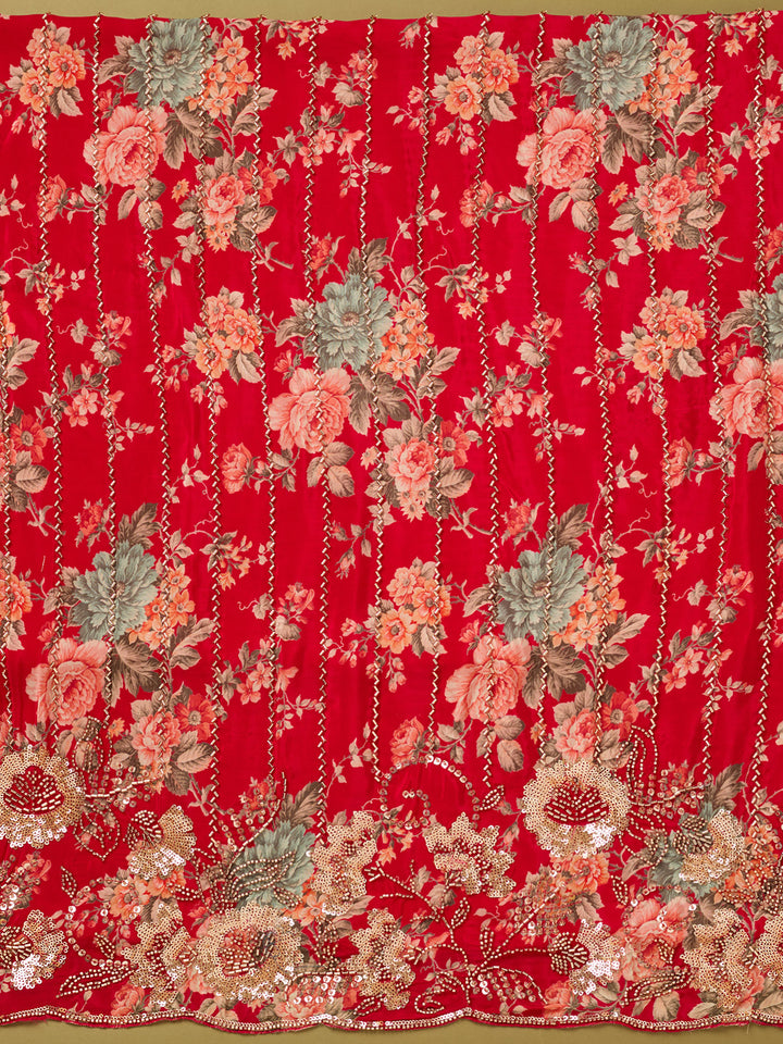 Red Crepe Floral Cutdana Unstitched Dress Material With Matching Bottom And Dupatta