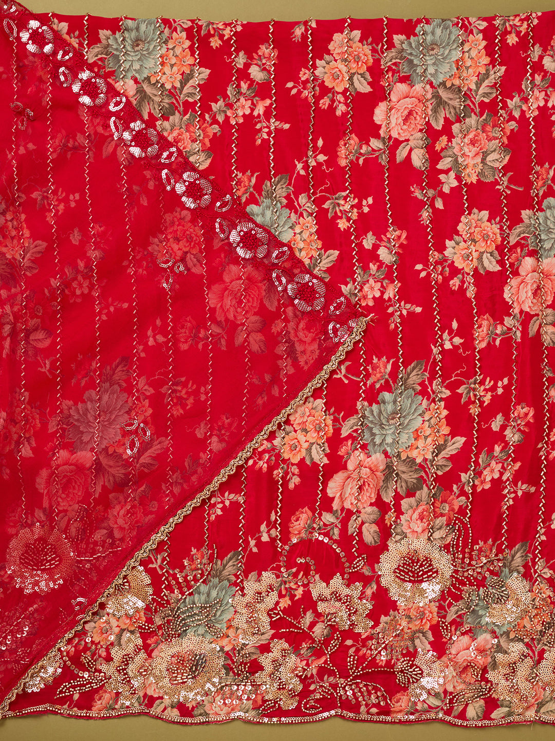 Red Crepe Floral Cutdana Unstitched Dress Material With Matching Bottom And Dupatta