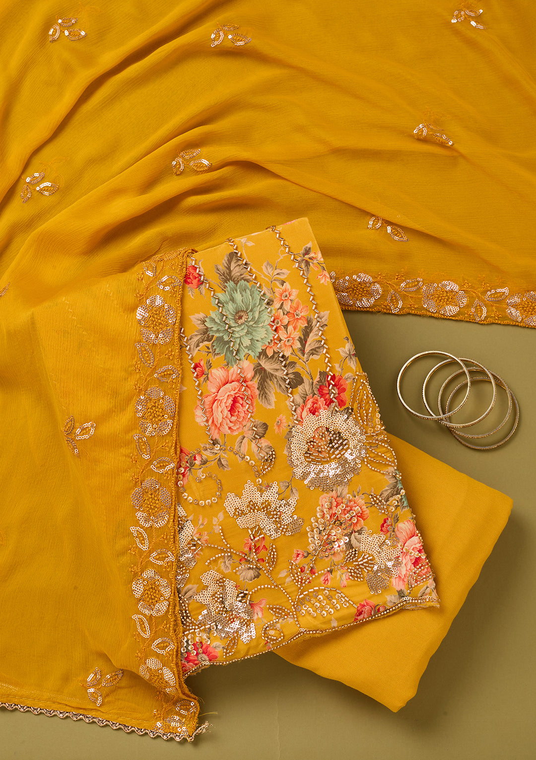 Yellow Crepe Floral Cutdana Unstitched Dress Material With Matching Bottom And Dupatta