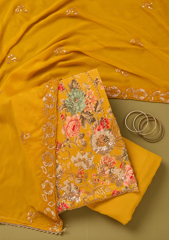 Yellow Crepe Floral Cutdana Unstitched Dress Material With Matching Bottom And Dupatta