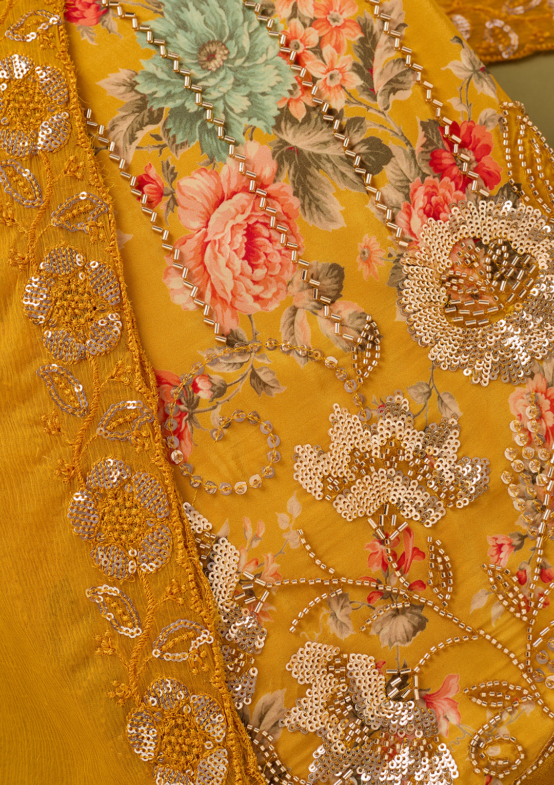 Yellow Crepe Floral Cutdana Unstitched Dress Material With Matching Bottom And Dupatta