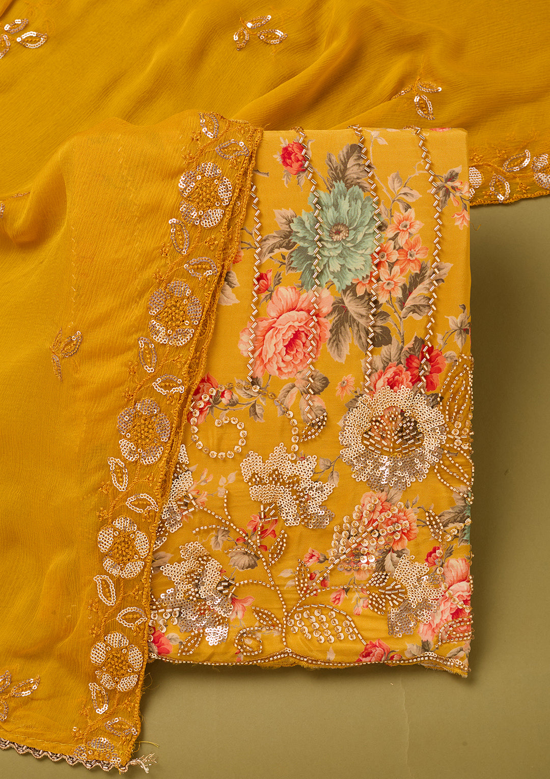 Yellow Crepe Floral Cutdana Unstitched Dress Material With Matching Bottom And Dupatta