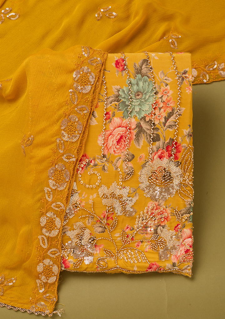 Yellow Crepe Floral Cutdana Unstitched Dress Material With Matching Bottom And Dupatta