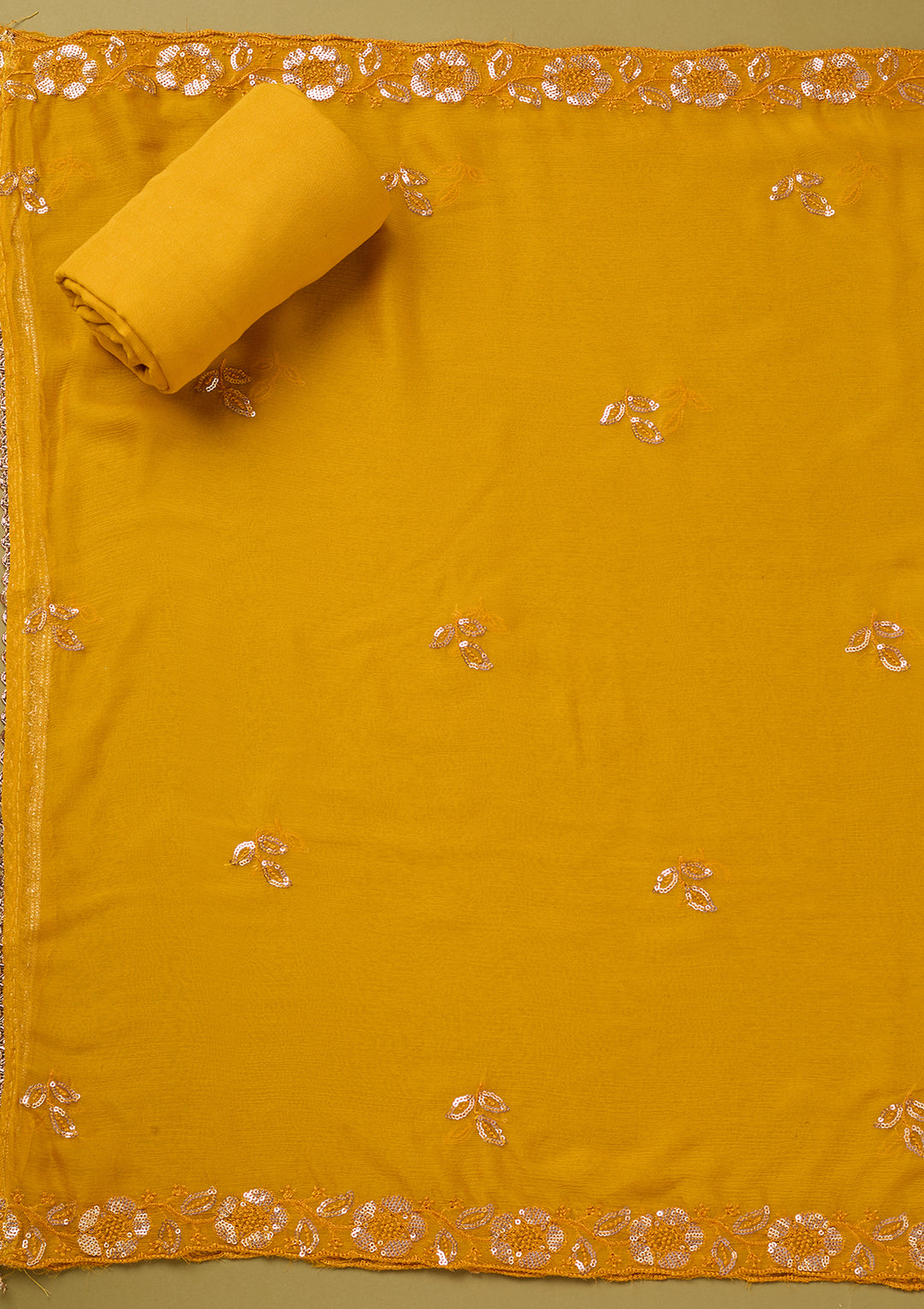 Yellow Crepe Floral Cutdana Unstitched Dress Material With Matching Bottom And Dupatta