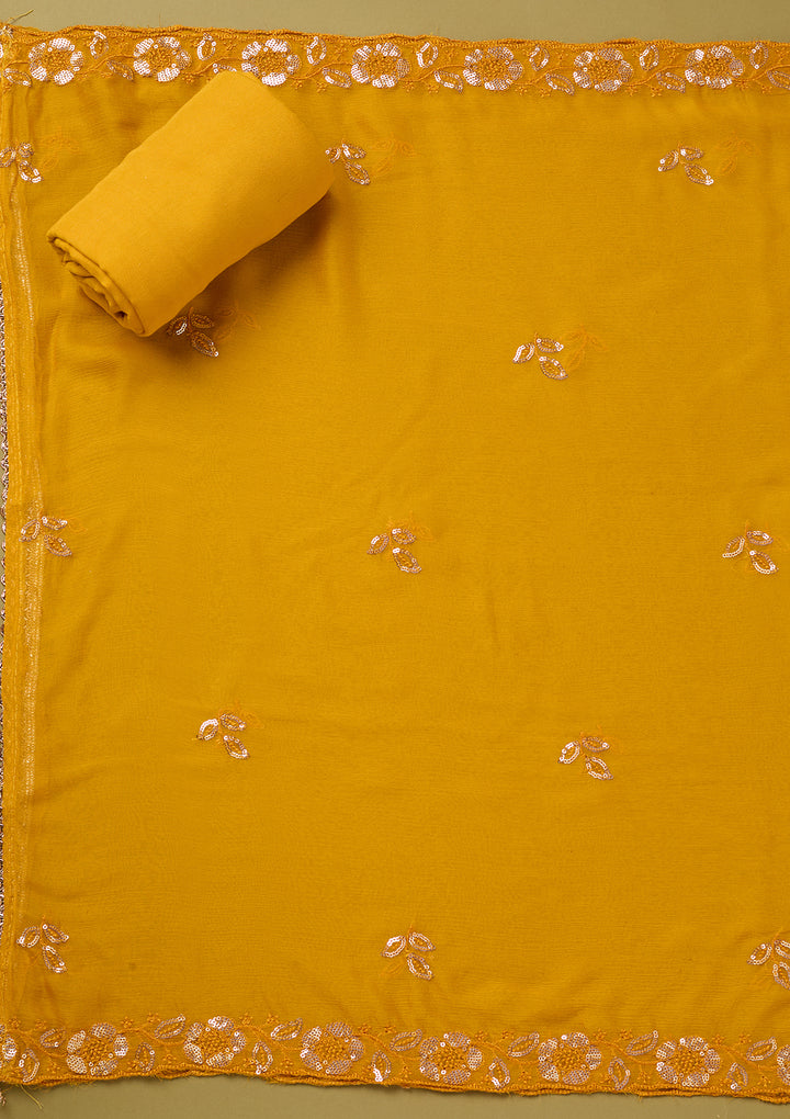 Yellow Crepe Floral Cutdana Unstitched Dress Material With Matching Bottom And Dupatta