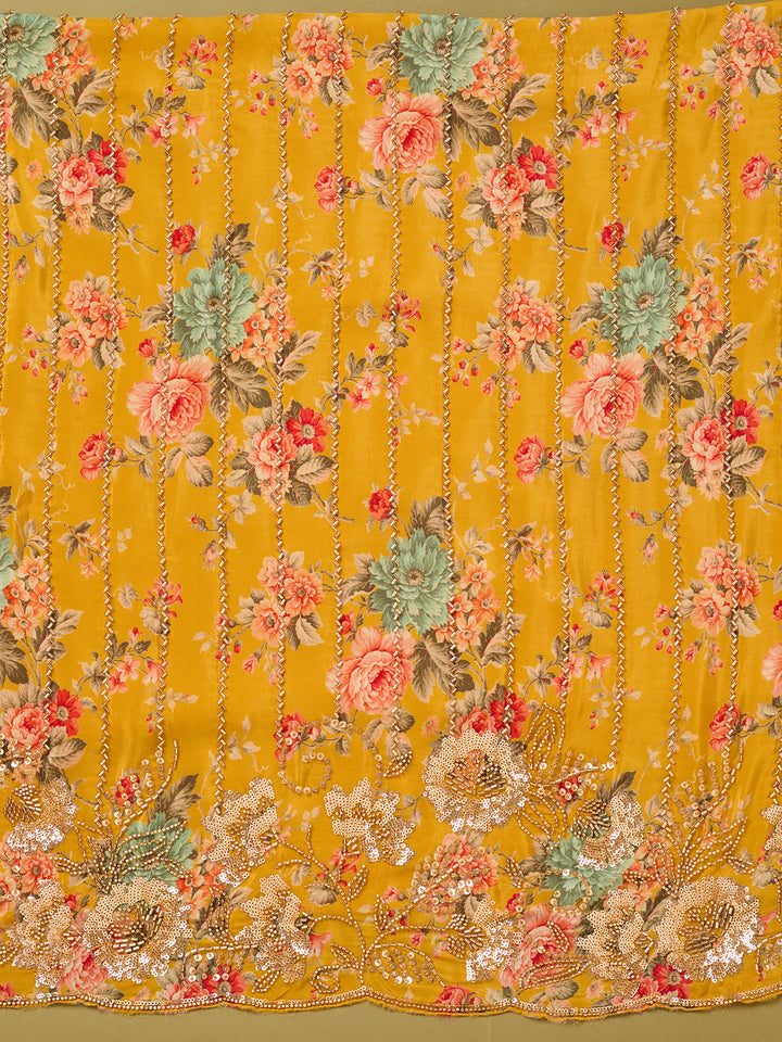 Yellow Crepe Floral Cutdana Unstitched Dress Material With Matching Bottom And Dupatta