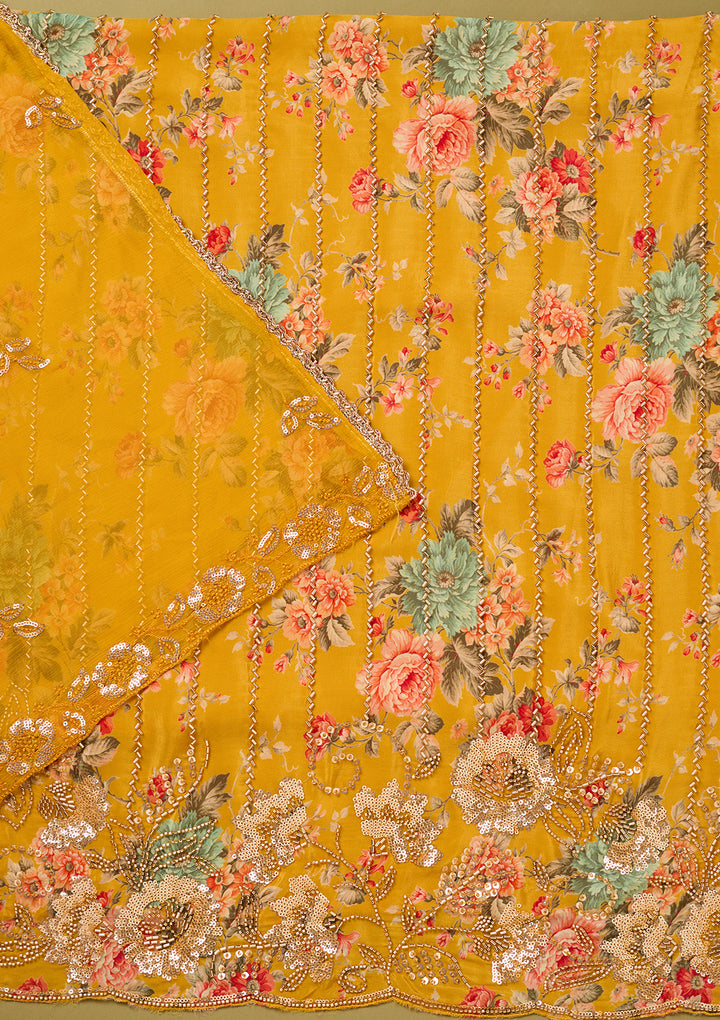 Yellow Crepe Floral Cutdana Unstitched Dress Material With Matching Bottom And Dupatta