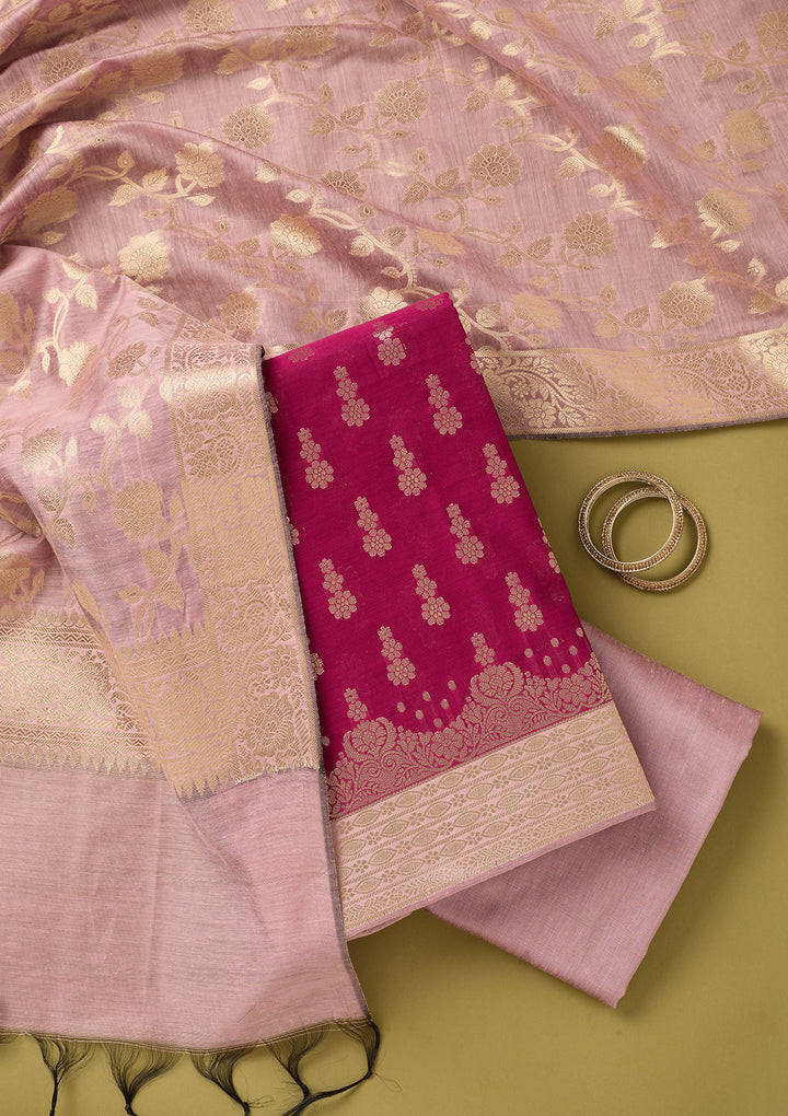 Magenta Pink Light Lavender Dola Silk Gold Zariwork Unstitched Dress Material With Matching Bottom And Dupatta