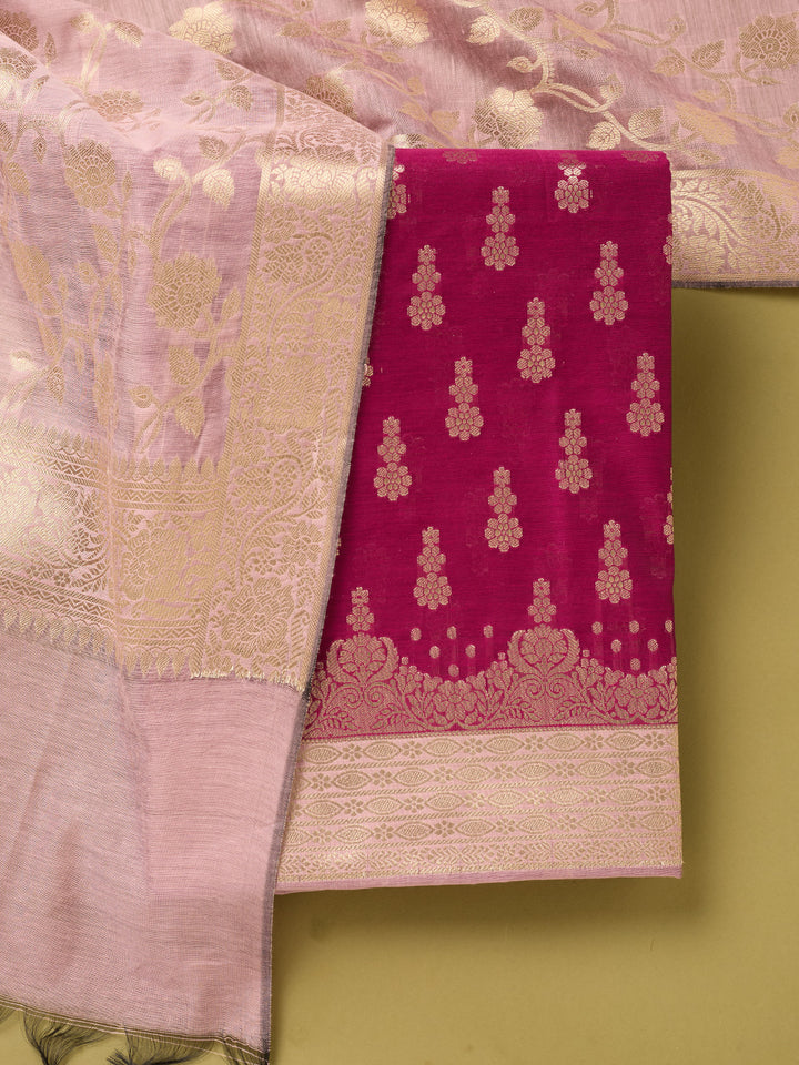 Magenta Pink Light Lavender Dola Silk Gold Zariwork Unstitched Dress Material With Matching Bottom And Dupatta