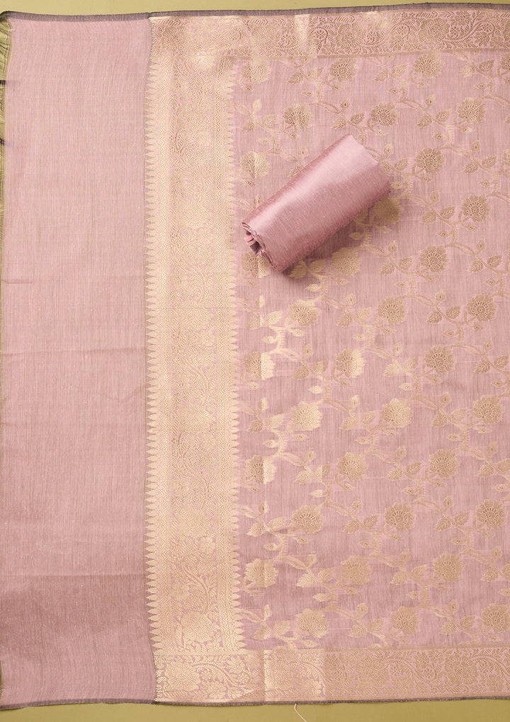 Magenta Pink Light Lavender Dola Silk Gold Zariwork Unstitched Dress Material With Matching Bottom And Dupatta