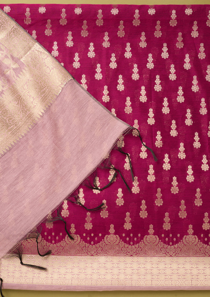 Magenta Pink Light Lavender Dola Silk Gold Zariwork Unstitched Dress Material With Matching Bottom And Dupatta