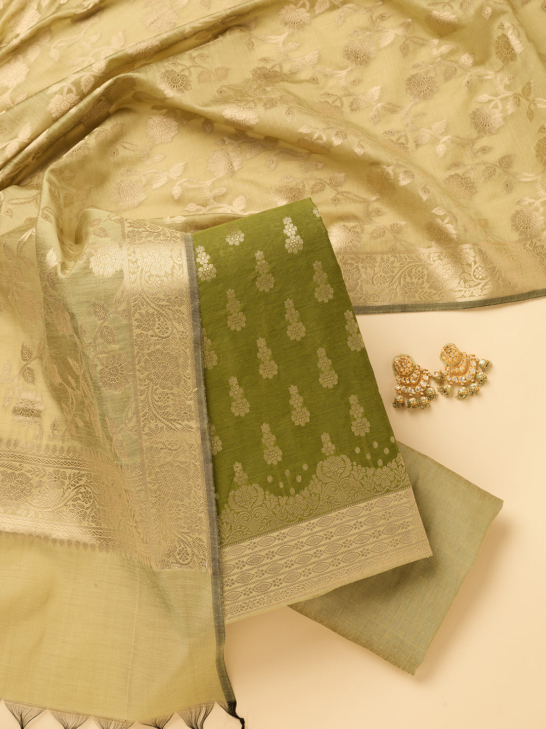 Mehendi Green Pista Green Dola Silk Gold Zariwork Unstitched Dress Material With Matching Bottom And Dupatta