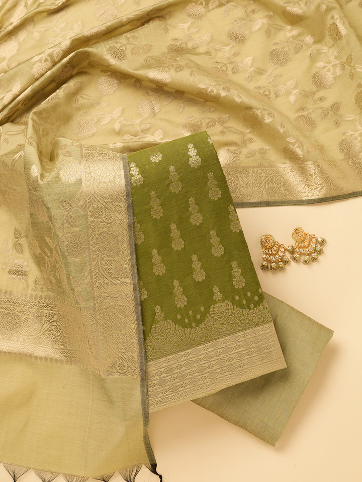 Mehendi Green Pista Green Dola Silk Gold Zariwork Unstitched Dress Material With Matching Bottom And Dupatta