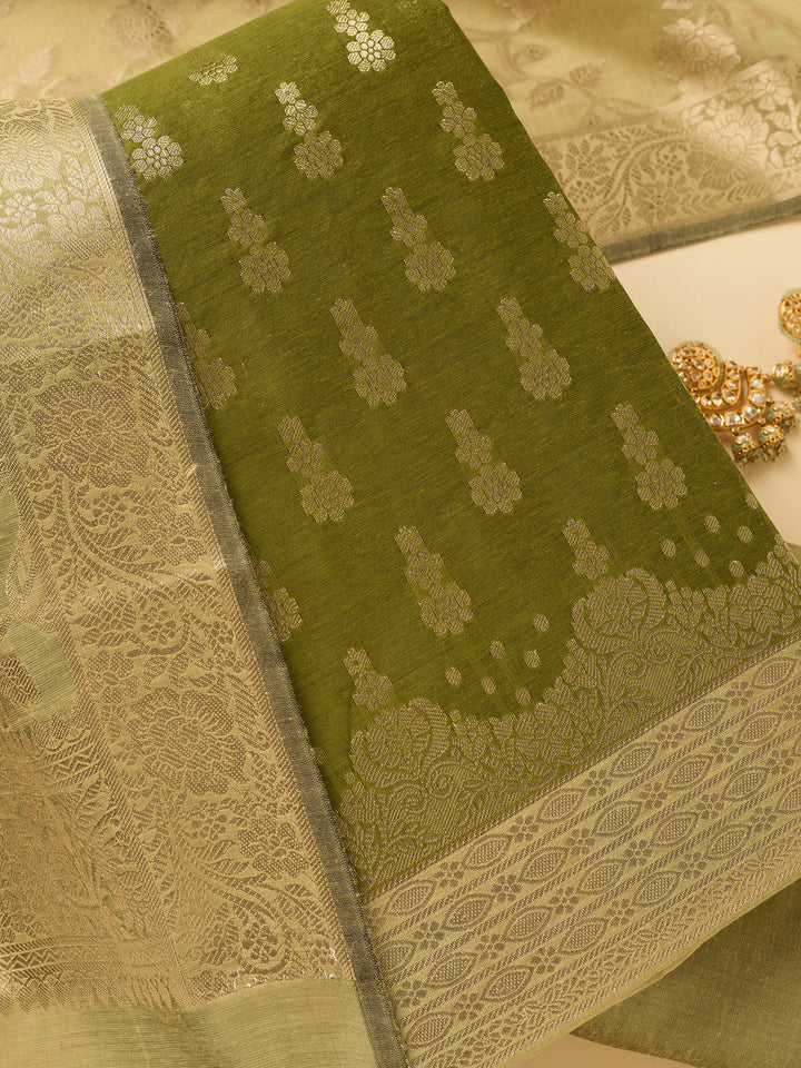 Mehendi Green Pista Green Dola Silk Gold Zariwork Unstitched Dress Material With Matching Bottom And Dupatta