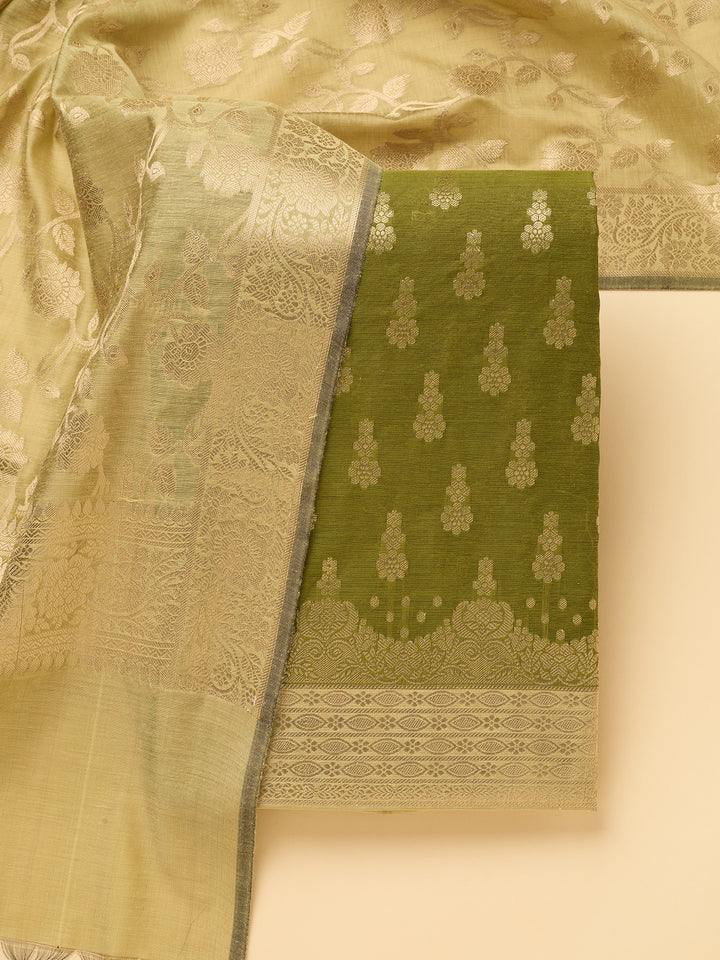 Mehendi Green Pista Green Dola Silk Gold Zariwork Unstitched Dress Material With Matching Bottom And Dupatta
