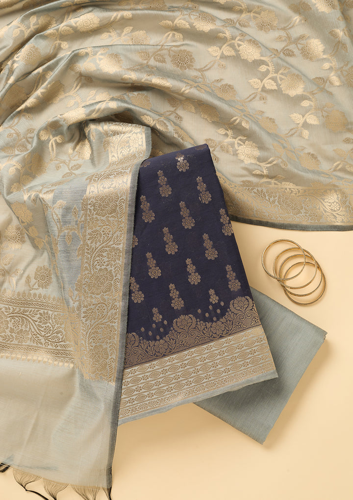 Navy Blue Light Grey Dola Silk Gold Zariwork Unstitched Dress Material With Matching Bottom And Dupatta