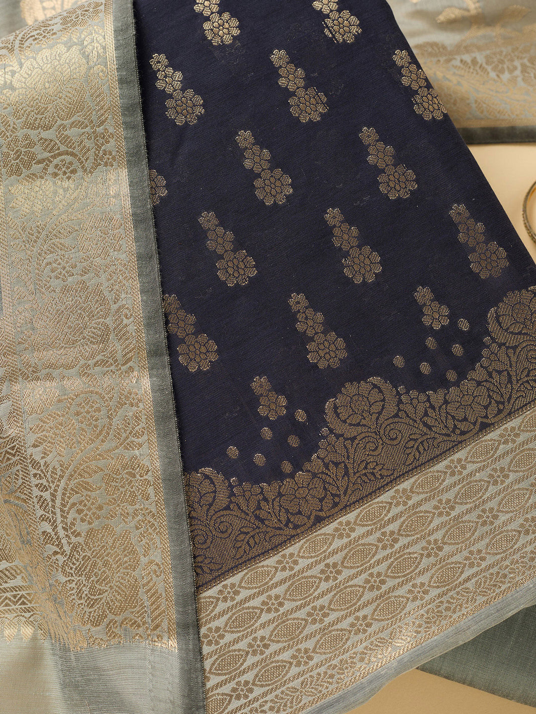 Navy Blue Light Grey Dola Silk Gold Zariwork Unstitched Dress Material With Matching Bottom And Dupatta