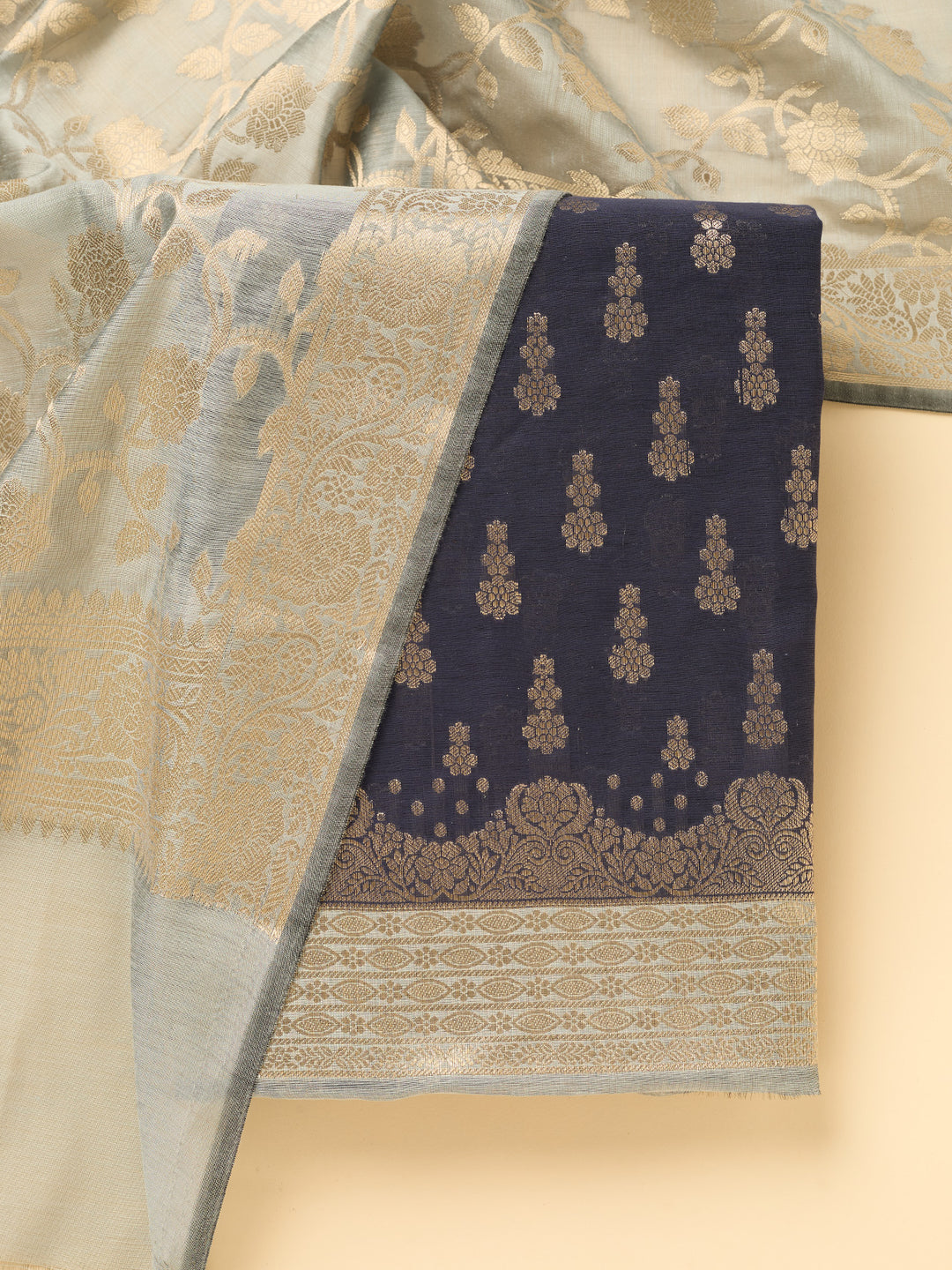 Navy Blue Light Grey Dola Silk Gold Zariwork Unstitched Dress Material With Matching Bottom And Dupatta