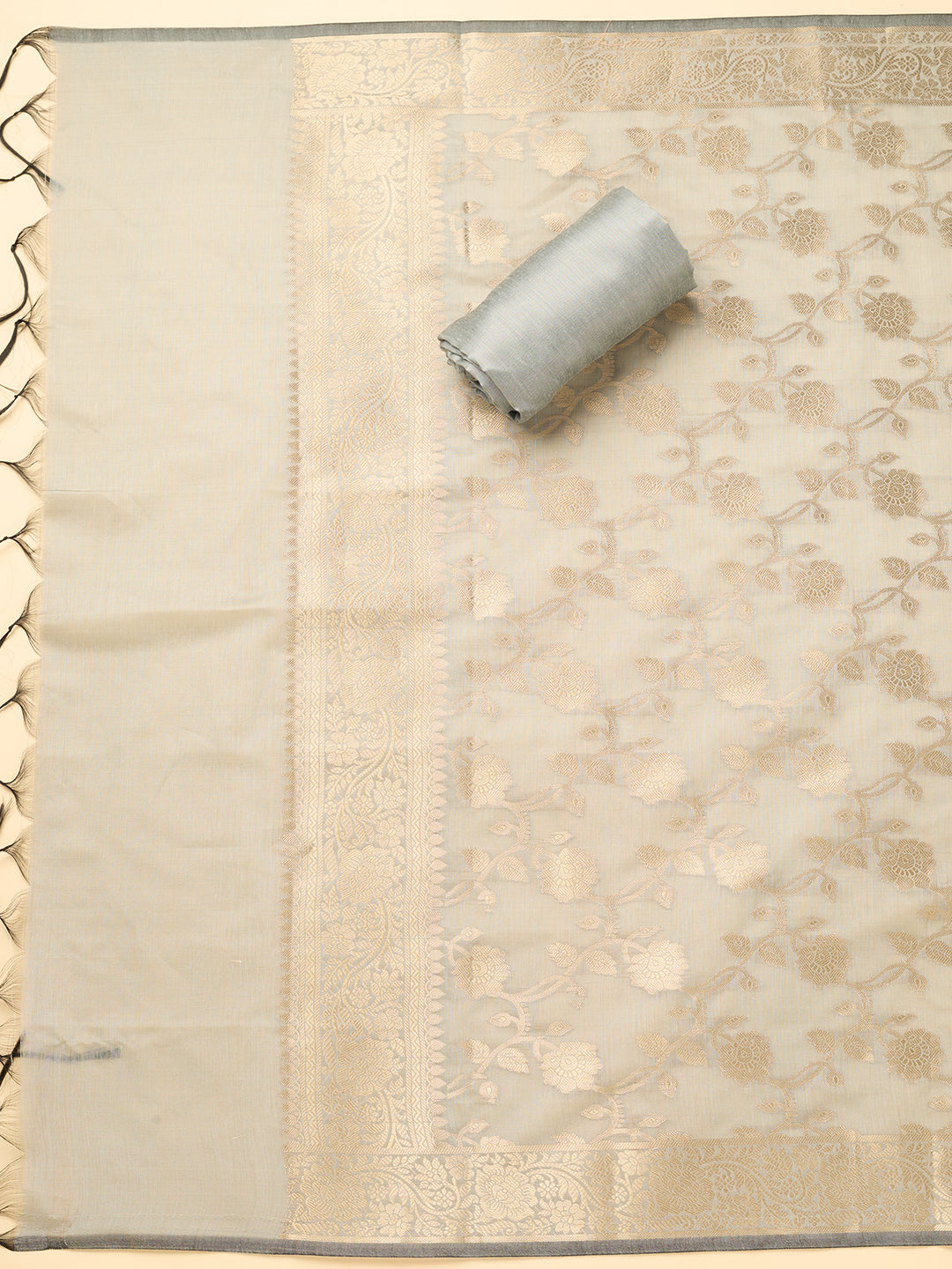 Navy Blue Light Grey Dola Silk Gold Zariwork Unstitched Dress Material With Matching Bottom And Dupatta