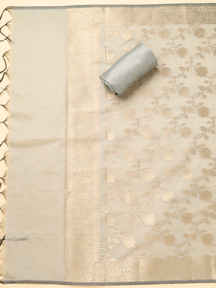 Navy Blue Light Grey Dola Silk Gold Zariwork Unstitched Dress Material With Matching Bottom And Dupatta