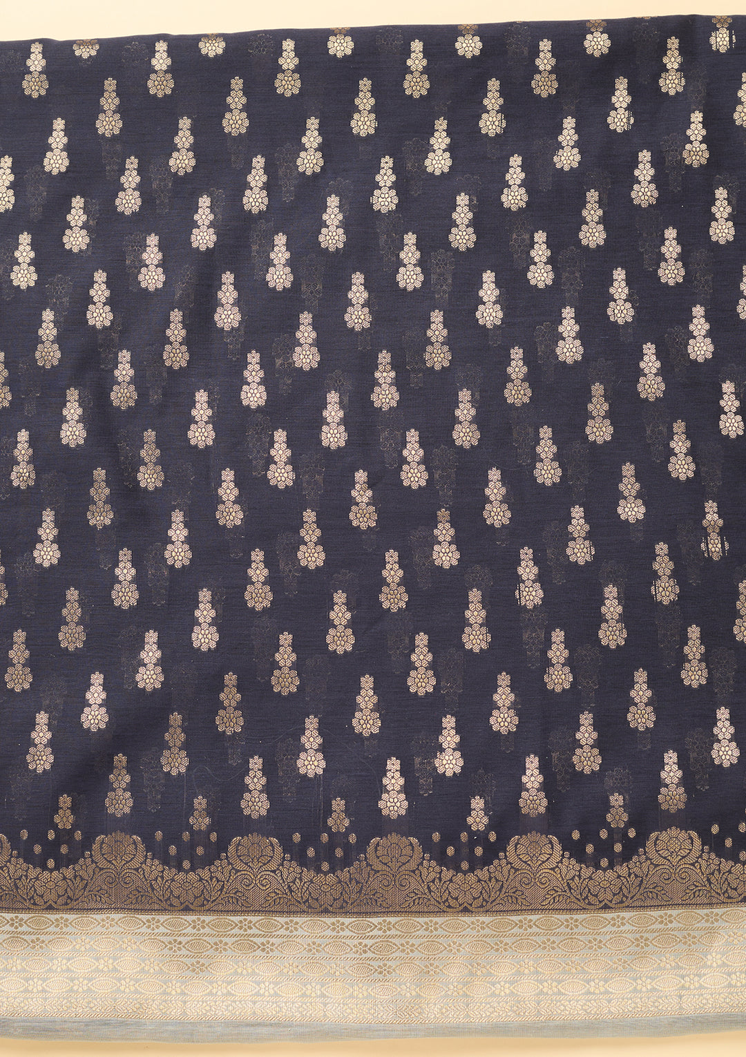 Navy Blue Light Grey Dola Silk Gold Zariwork Unstitched Dress Material With Matching Bottom And Dupatta