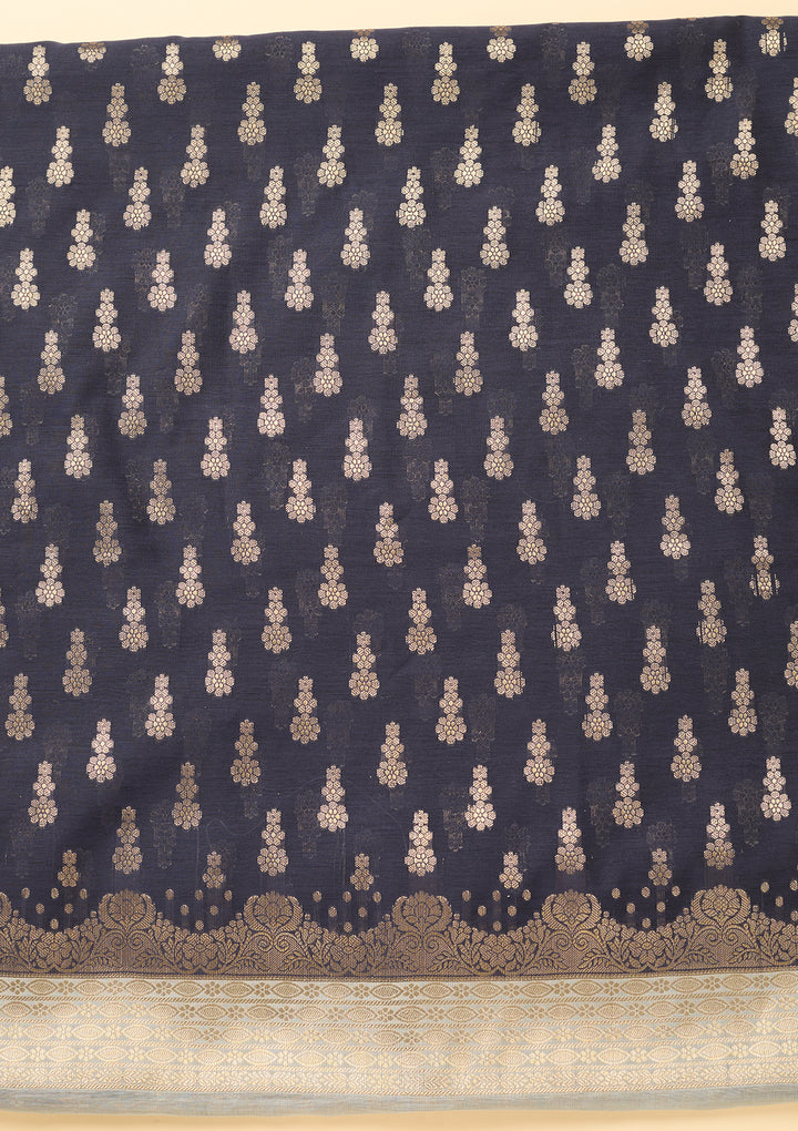 Navy Blue Light Grey Dola Silk Gold Zariwork Unstitched Dress Material With Matching Bottom And Dupatta