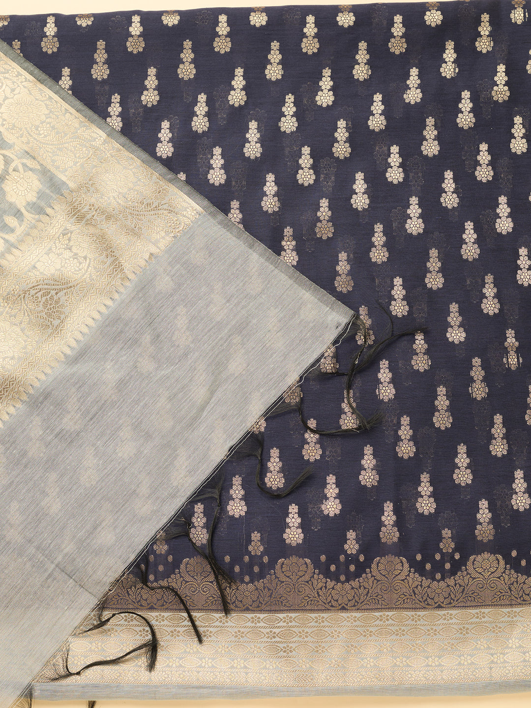 Navy Blue Light Grey Dola Silk Gold Zariwork Unstitched Dress Material With Matching Bottom And Dupatta