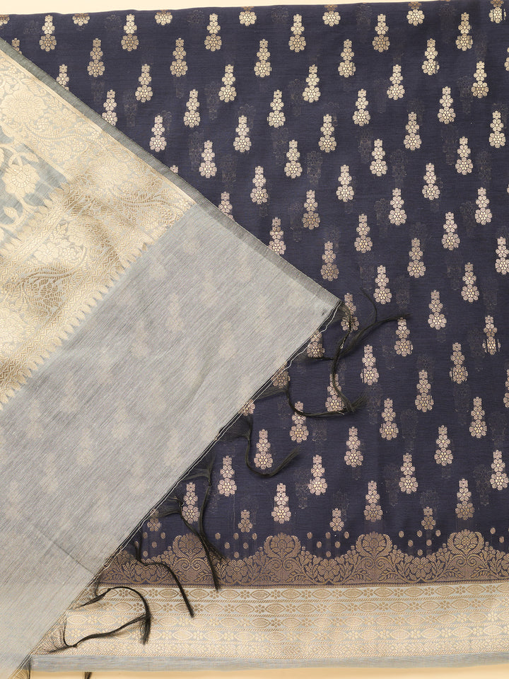 Navy Blue Light Grey Dola Silk Gold Zariwork Unstitched Dress Material With Matching Bottom And Dupatta