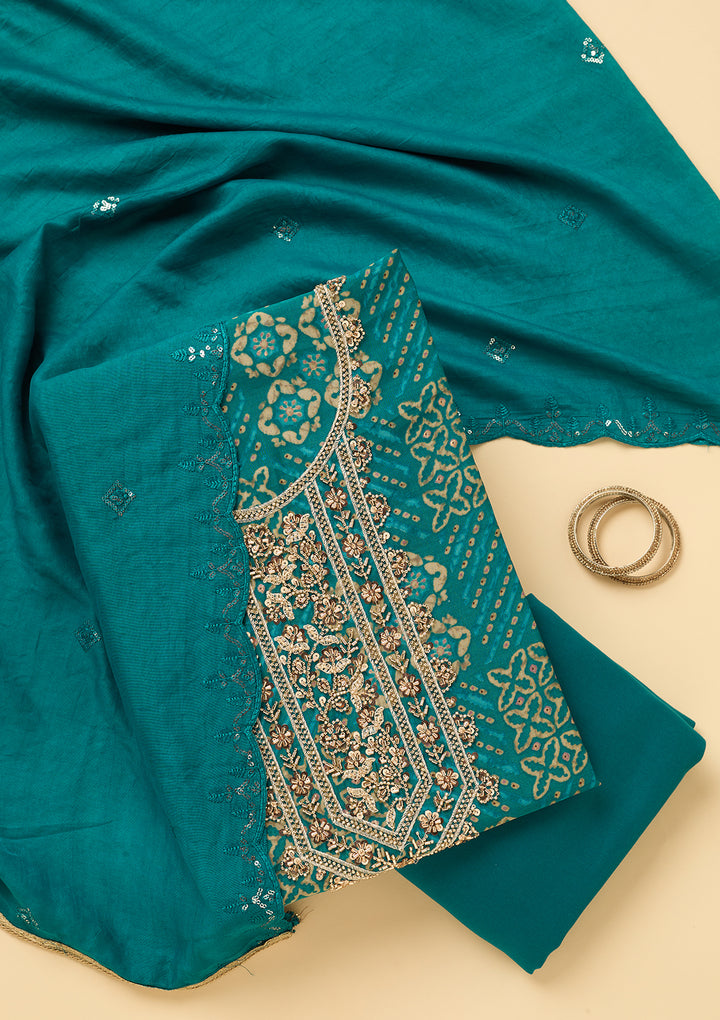 Peacock Blue Chanderi Cutdana Unstitched Dress Material With Matching Bottom And Dupatta