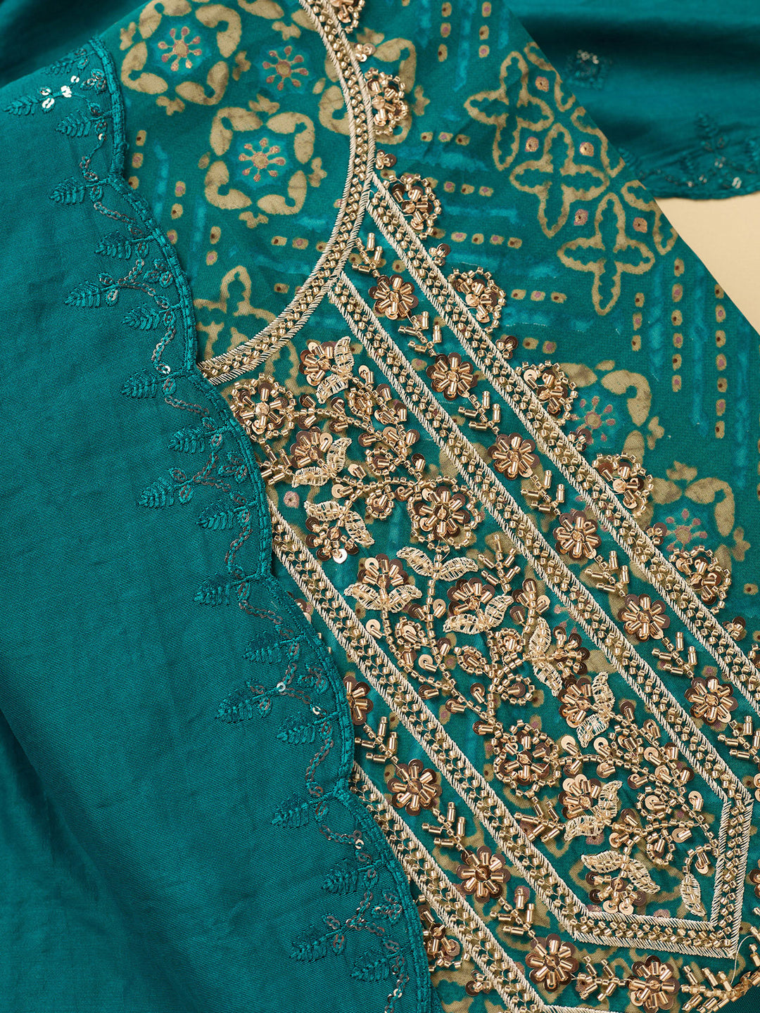 Peacock Blue Chanderi Cutdana Unstitched Dress Material With Matching Bottom And Dupatta