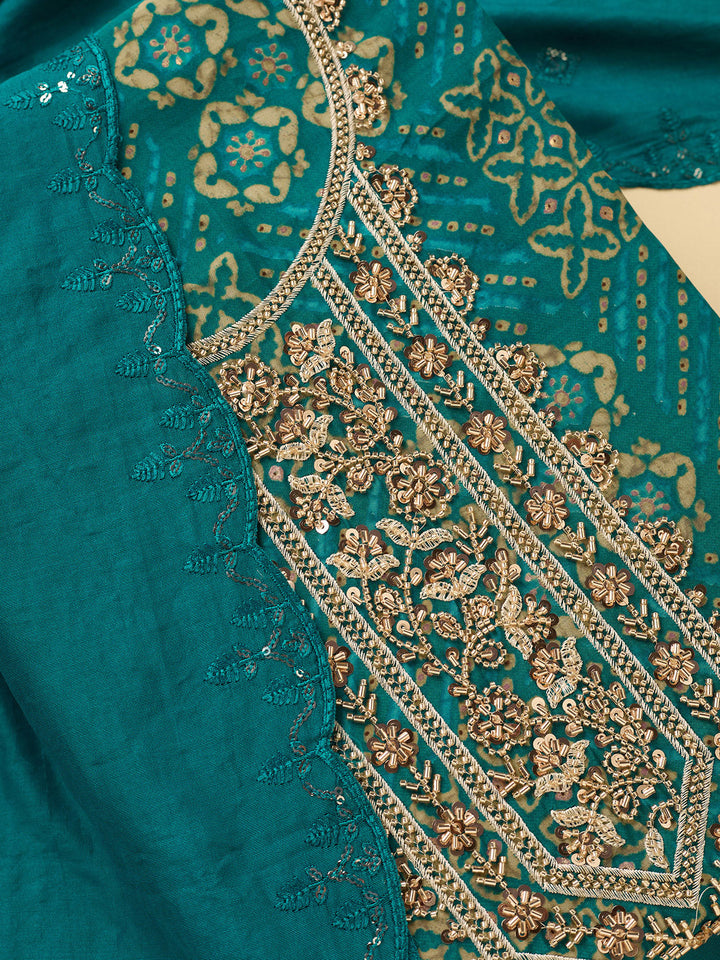 Peacock Blue Chanderi Cutdana Unstitched Dress Material With Matching Bottom And Dupatta