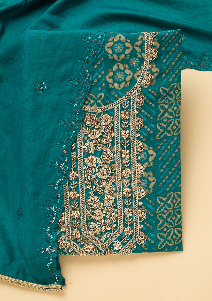 Peacock Blue Chanderi Cutdana Unstitched Dress Material With Matching Bottom And Dupatta