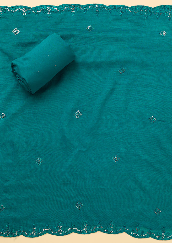 Peacock Blue Chanderi Cutdana Unstitched Dress Material With Matching Bottom And Dupatta