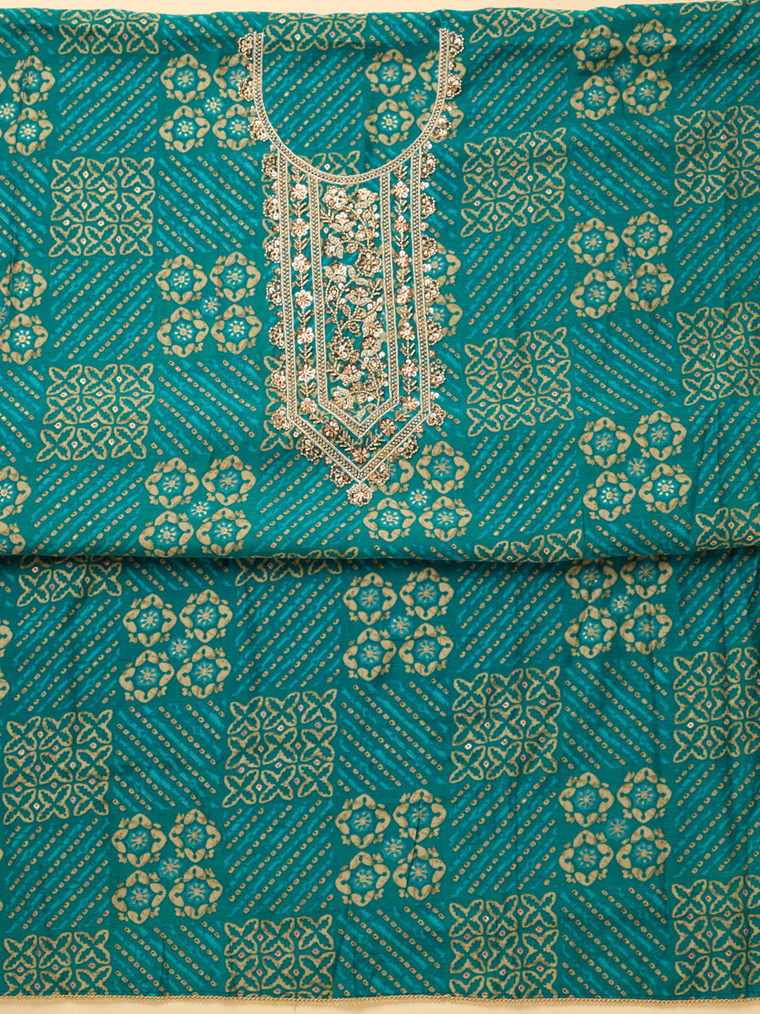 Peacock Blue Chanderi Cutdana Unstitched Dress Material With Matching Bottom And Dupatta