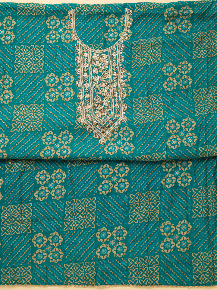 Peacock Blue Chanderi Cutdana Unstitched Dress Material With Matching Bottom And Dupatta