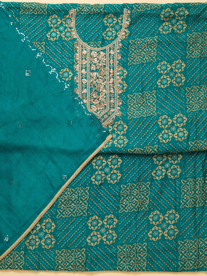 Peacock Blue Chanderi Cutdana Unstitched Dress Material With Matching Bottom And Dupatta